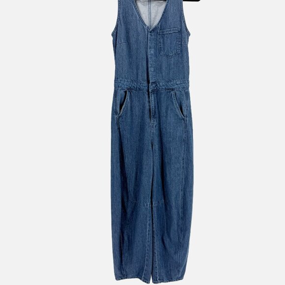 Universal Thread Curved Barrel Leg Jeans Denim Jumpsuit Overalls, Medium Wash 2 - Picture 3 of 11